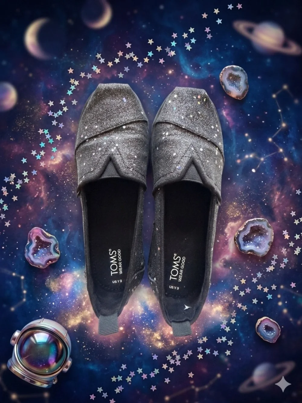 TOMS Kids Cosmic Glitter Slip-On Flats in Charcoal Gray - Picture 2 of 7